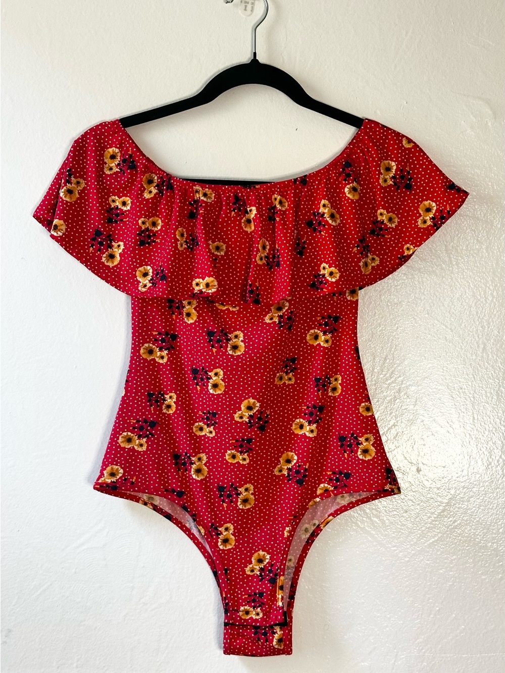 Off-Shoulder Red Floral Bodysuit with Ruffle Trim